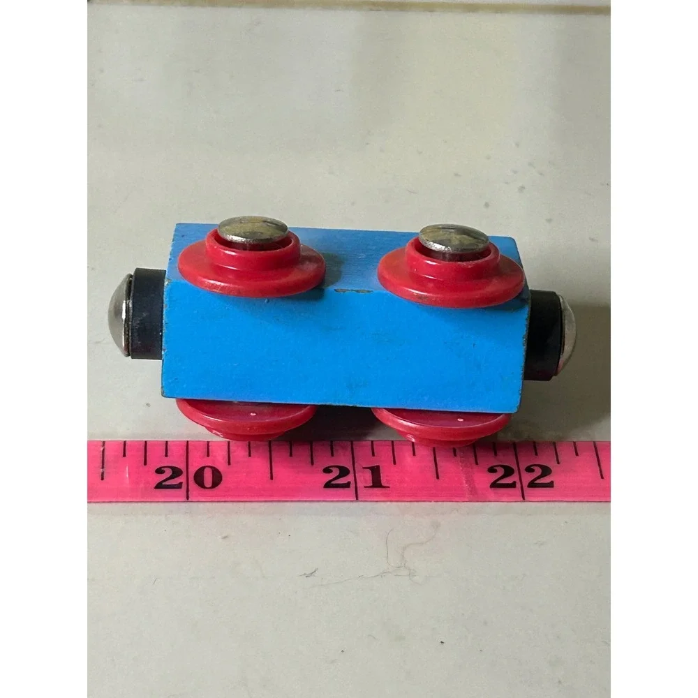 Blue Wooden Toy Train Car with Red Wheels Magnetic Connectors for Track Sets